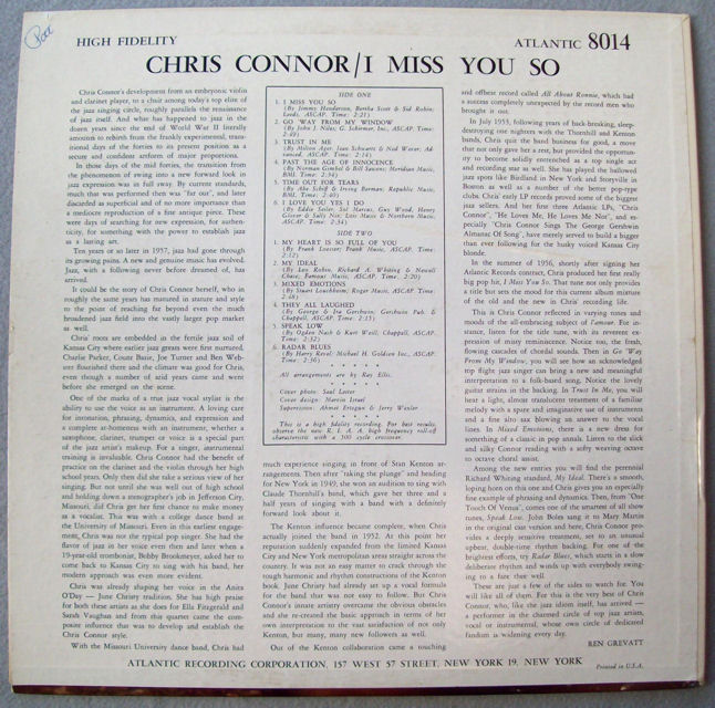 Chris Connor I Miss You So Atlantic Records 8014 LP