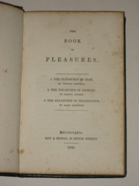 THE BOOK OF PLEASURES 1836 Philadelphia GASKILL BINDING  